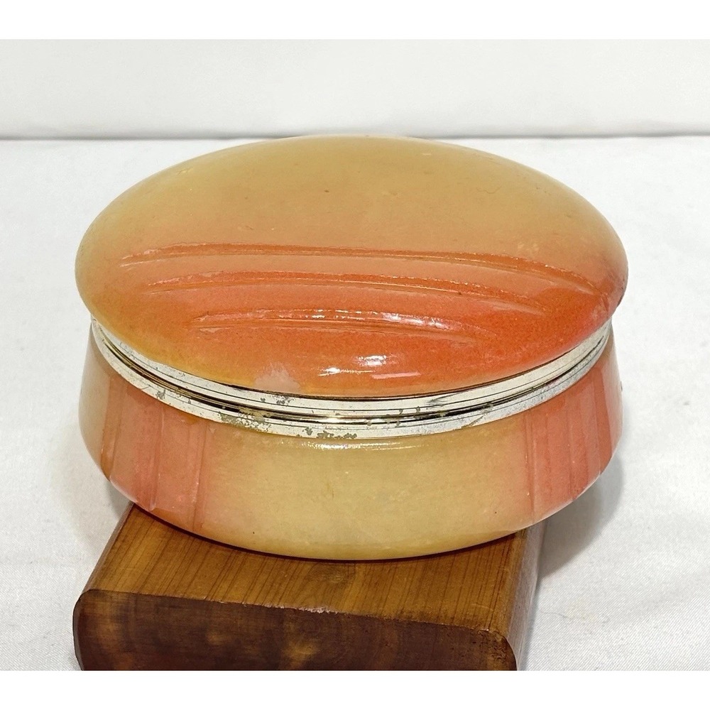 Vintage Italian Alabaster Trinket Box C.P. Volterra MCM Orange Yellow Ombre Lid